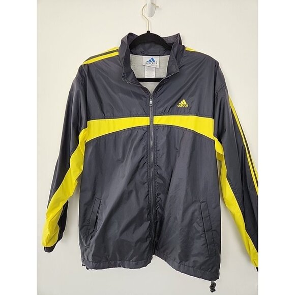 Vintage Adidas Med Navy Blue W Bright Yellow Full Zip Lined Nylon Windbreaker - Picture 9 of 9
